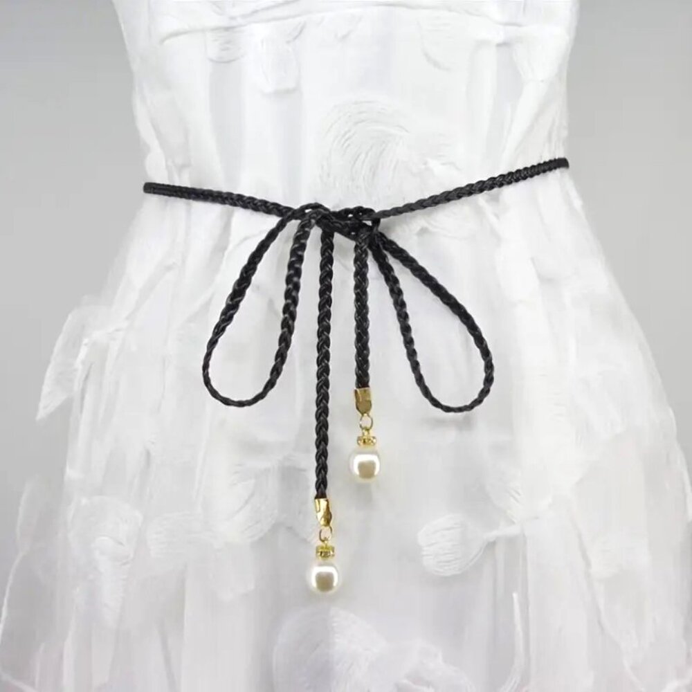 Black Belt Braided PU Leather Tie Pearl Dress Boho Hippie No Hole Adjustable